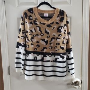 Mixed Print Leopard and Stripes Sweater
